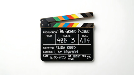 Naklejka premium Professional film production clapperboard with colorful stripes detailed writing and black matte finish on white background used