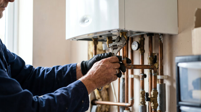 Hands of plumber with wrench adjusting copper pipe joint under white wall mounted gas combi boiler in softly daylit utility room