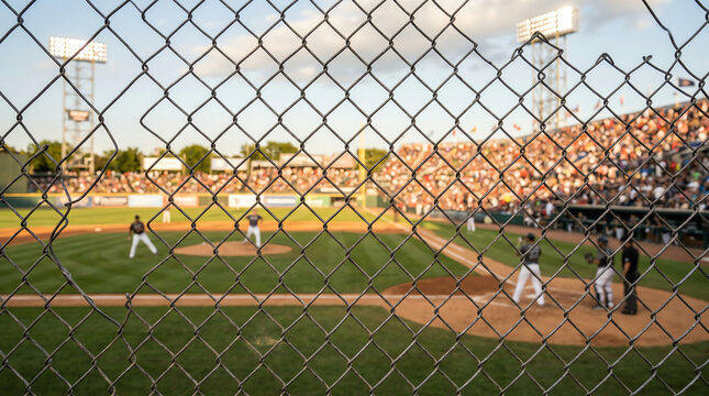 Close up view through chain link backstop fence onto sunlit baseball diamond with blurred players warming up and stadium crowd behind