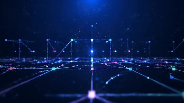Digital network connection technology with glowing lines and cubes on blue backdrops