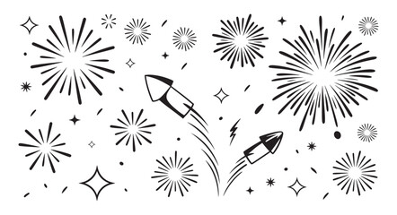 Fireworks celebration line icon set with rocket, starburst, sparkle, shooting star and festive explosion elements for New Year and party design © Ibrahim