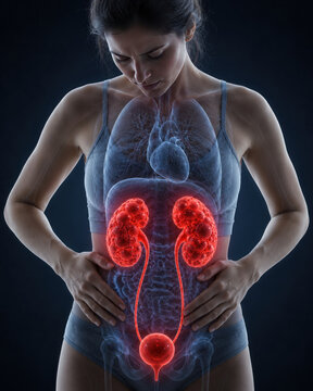 Woman with Polycystic Kidney Disease and Transparent Urinary System Anatomy Overlay