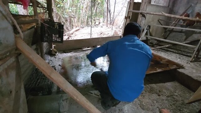 Treating Wooden Chicken Coop Panel with Recycled Protective Oil