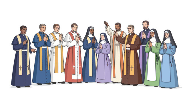 Diverse Clergy and Nuns Praying Together in a Line
