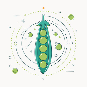 Stylized illustration of a pea pod with peas and abstract geometric elements