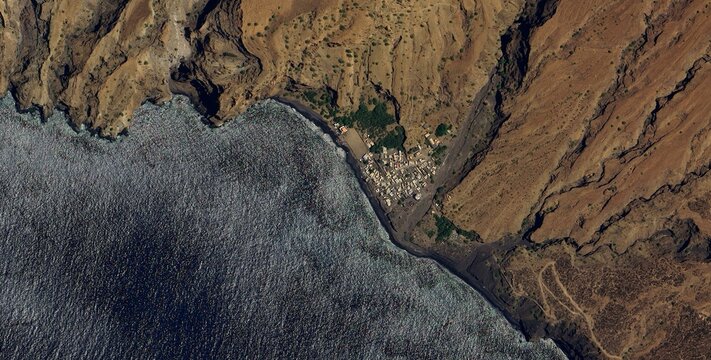 Aerial View Cape Verde Coastal Village Black Sand Bay