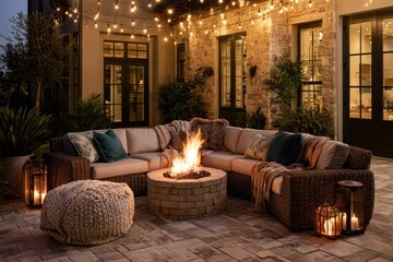 Fototapeta premium Cozy outdoor patio featuring a roaring fire pit and sectional sofa under glowing string lights with warm evening atmosphere for real estate marketing
