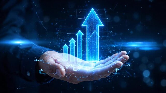 Business Growth and Financial Success Concept with Digital Upward Arrows Hologram
