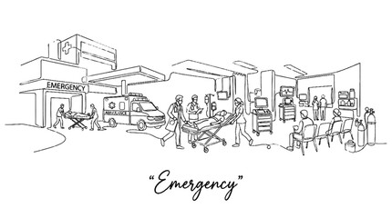 Naklejka premium Detailed sketch illustrating a bustling emergency room with medical staff and patients in a hospital setting