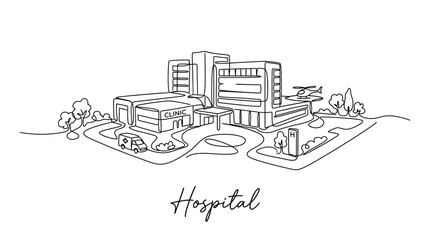 Naklejka premium Minimalistic Line Drawing of a Modern Hospital Complex Featuring Clinics and Parking Areas