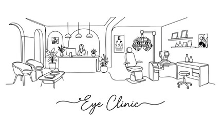 Obraz premium Minimalist Line Drawing of a Modern Eye Clinic Interior with Equipment and Furniture