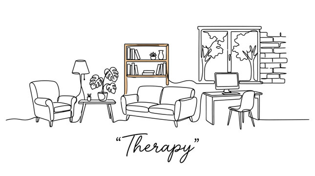 Minimalist black and white line art illustration of a cozy therapy room with furniture and natural light