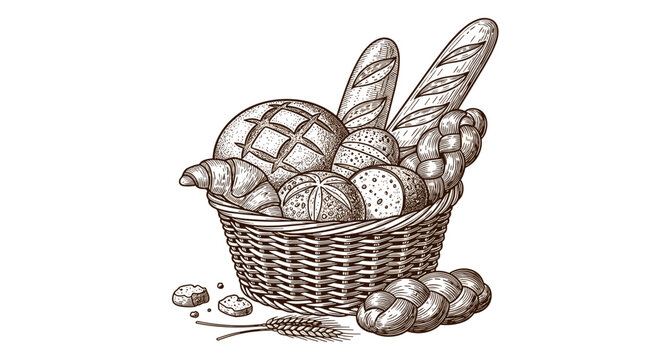 Hand drawn illustration of a woven basket filled with assorted fresh baked bread and pastries on a white background
