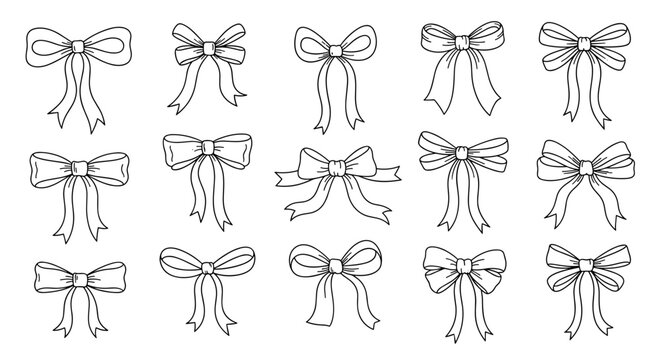 Collection of Hand Drawn Bows and Ribbons Decorative Elements Isolated on White Background