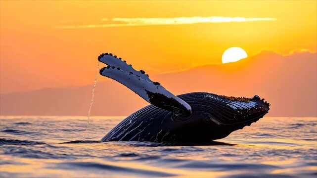 A whale breaches the ocean's surface, its fin illuminated by a vibrant sunset