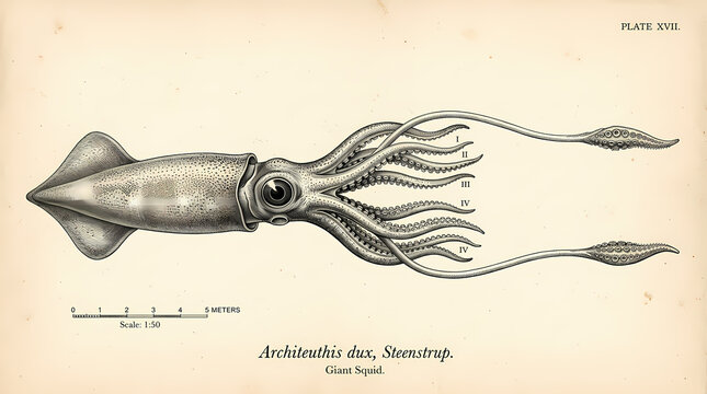Vintage scientific illustration of a majestic deep-sea giant squid, showcasing its intricate anatomy and elongated tentacles in a classic biological drawing style