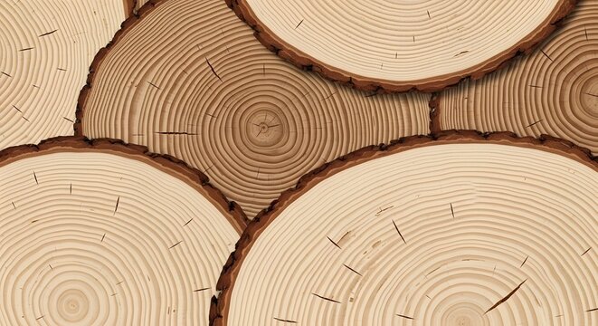 Close up of various tree trunk cross sections showing growth rings and natural wood texture.