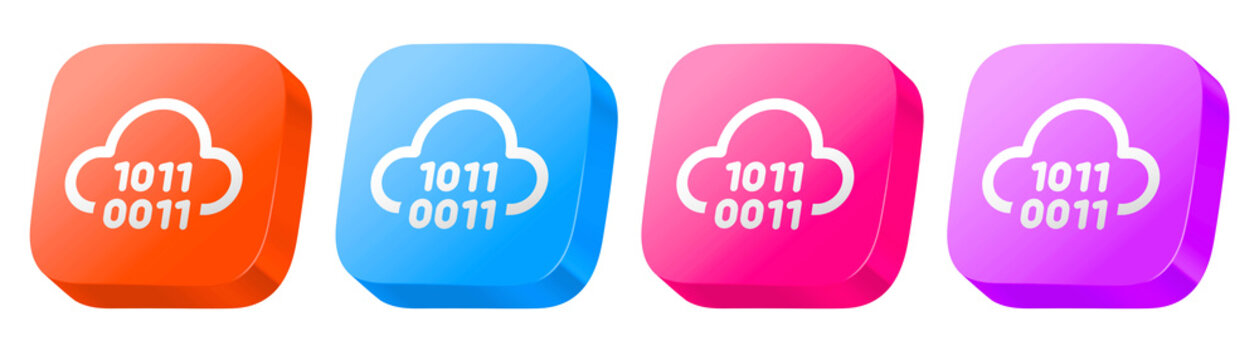 3D glossy icon set of cloud binary code in orange, blue, pink, and purple, providing colorful elements for virtual cash flow systems.