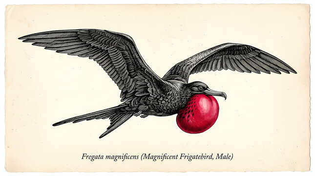Magnificent Frigatebird (Fregata magnificens), Male, Illustrated in Flight with Red Pouch Inflated