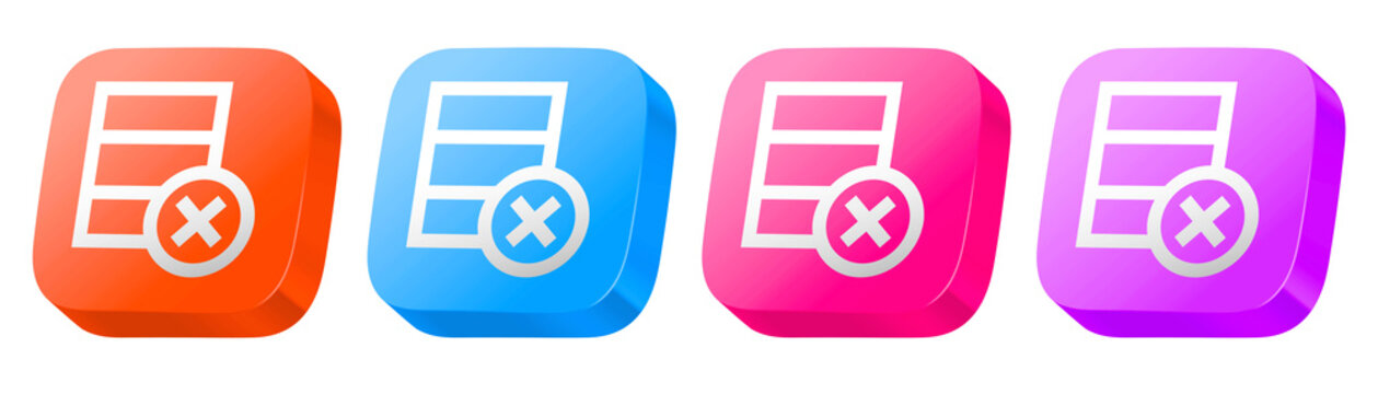 Colorful delete database buttons for digital bank transactions, featuring a 3D glossy icon set in purple, orange, blue, and pink.