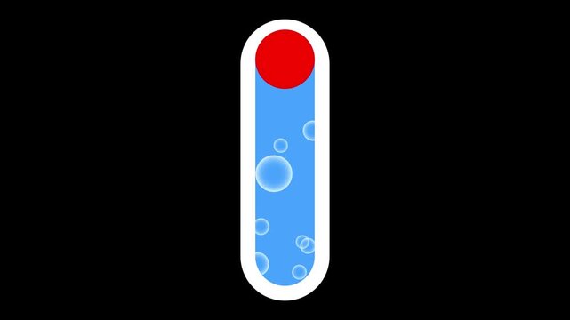 Loop animation of a red ball filling a capsule icon with rising blue liquid and bubbles on a black background.