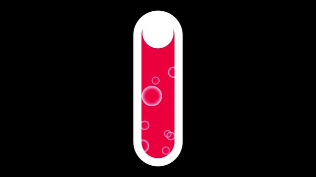 Motion graphics of a white ball dropping to fill a pill-shaped container with rising red liquid and bubbles.