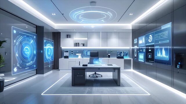 Futuristic office features holographic displays and a central desk, dominated by blue hues