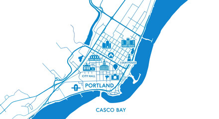 Portland Maine City Map Illustration - Casco Bay Waterfront Navigation © din