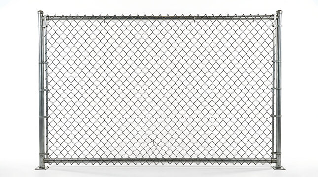 Close up of a sturdy chain link fence panel section with metal poles and diamond mesh pattern isolated on a white background durable