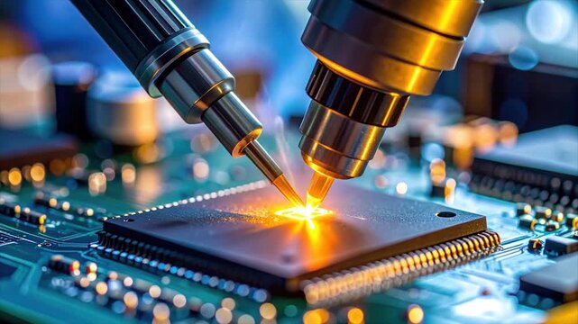 Close-up of circuit board being worked on by precision tools, illuminating with energy