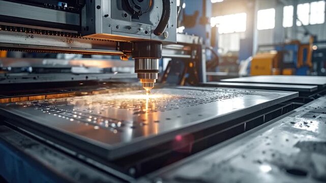A laser cutter precisely carves metal. Bright light emanates from the cutting head. Industrial setting