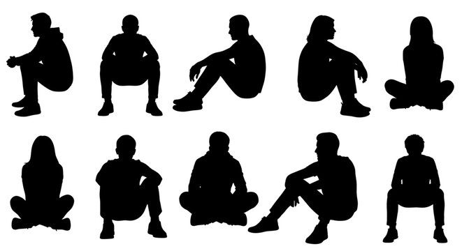 Silhouette poses of people sitting, diverse body types, casual and relaxed