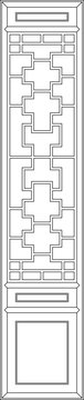 A technical minimalist line art illustration of a tall rectangular door panel featuring a complex geometric lattice with recurring cross-shaped motifs and a solid recessed bottom section in a clean ou