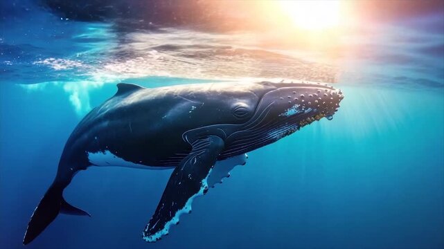 A humpback whale glides under the water's surface, illuminated by sunlight