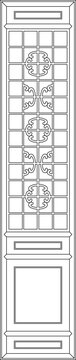 A technical minimalist line art illustration of a tall rectangular door panel featuring a large upper lattice section with vertical divisions and a solid bottom section decorated with a traditional ci