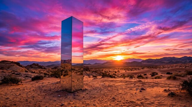 Luminous Glass Monolith: A "glass mirror square monolith" standing in a desert at sunset, reflecting a "Cyber Rose" sky.