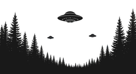UFO invasion over silhouetted forest, alien spacecraft hovering in night sky © din