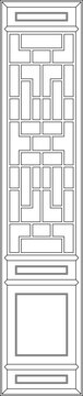 Technical architectural elevation of a vertical panel featuring traditional geometric fretwork patterns and rectangular sections in line art.
