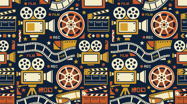 Vintage Cinema Seamless Pattern with Retro Film Cameras Clapperboards and Film Reels for Movie Production Background