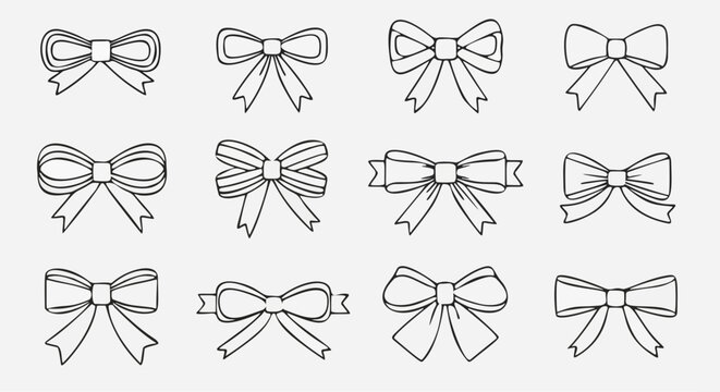 Decorative Ribbon Bow Line Art Set for Gift Wrapping and Fashion Design