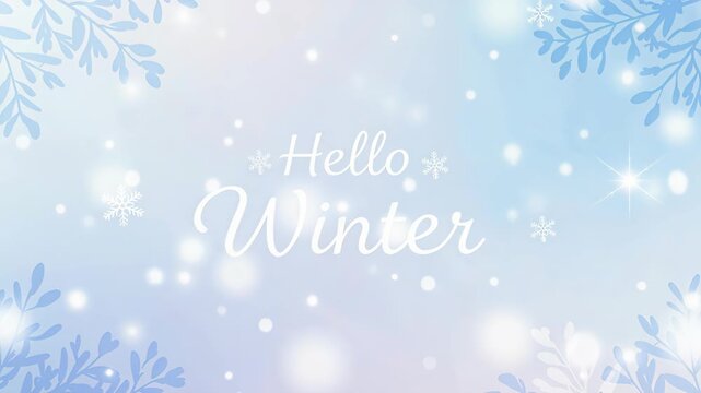 Hello Winter, a Gentle Invitation: Soft snowflakes drift down against a tranquil, ice-blue backdrop, adorned with delicate frost patterns on the periphery.