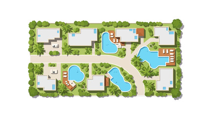 Naklejka premium Top-Down Architectural Site Plan of a Luxury Residential Complex with Modern Villas and Swimming Pools