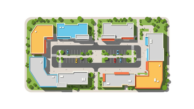 Aerial View Illustration of a Modern Shopping Center and Commercial Business Park with Parking Lot and Landscaping