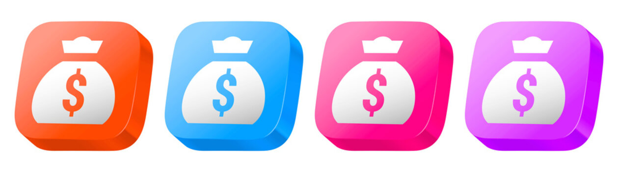 Four color variants (purple, pink, blue, and orange) of a money bag, forming a colorful 3D glossy icon set for global money transfers.