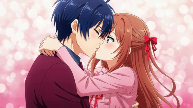 Animated Couple Kissing: A romantic anime illustration depicts a young couple sharing a tender kiss amidst a backdrop of soft pink bokeh lights and hearts.