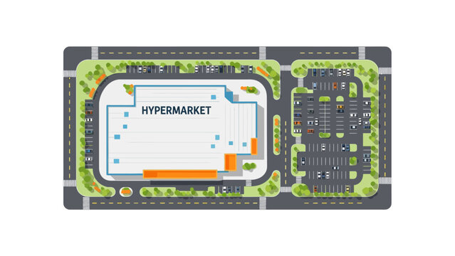 Top View Vector Illustration of a Hypermarket Building with Large Parking Lot, Cars, and Surrounding Infrastructure. Modern Flat Design for Retail Urban Planning.