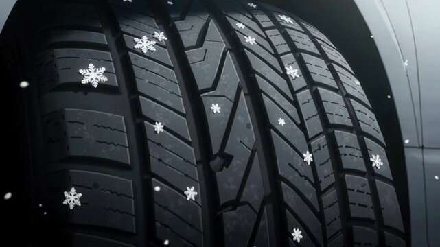 Winter tire in Snow: A close-up shot of a winter tire with a snowflake pattern, suggesting traction and safety on icy roads.