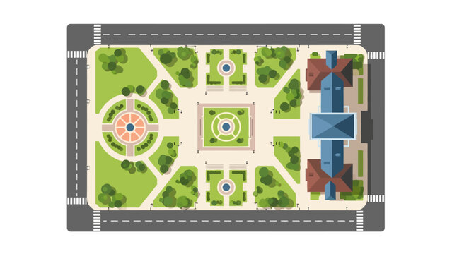 Top-Down Aerial View of a City Park and Public Square Urban Plan Vector Illustration with Fountains, Trees, and Modern Building