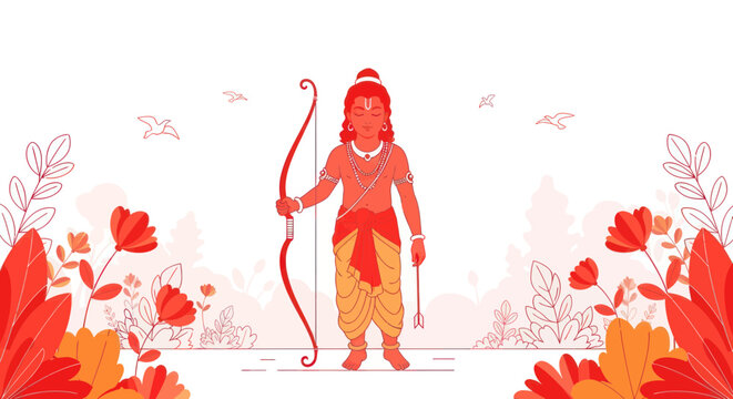 Lord Rama with bow and arrow, surrounded by floral elements and birds