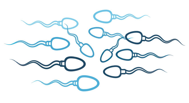 Spermatozoa swarm, fertility concept, microscopic view, blue tones, white background
